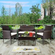 4-Piece Wicker Patio Conversation Furniture Set, Patio Furniture Sets with Two Single Sofa, One Loveseat, Tempered Glass Table, Chat Set for Backyard Porch Lawn Poolside Garden, Q8566