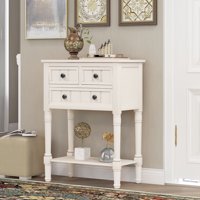JUMPER Console Table 24" Solid Wood Storage Console Table Rustic Entryway Table W/ Three Storage Drawers and Bottom Shelf for Living Room, Ivory White