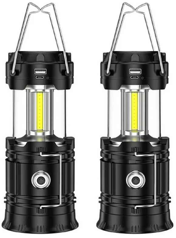 GVDV 2 Pack LED Camping Lantern, USB Rechargeable and Battery Powered 2-in-1 LED Lanterns, COB Super Bright, Collapsible, Outdoor Portable Lights for Emergency/Camping/Hurricane/Storms/Outages , Black