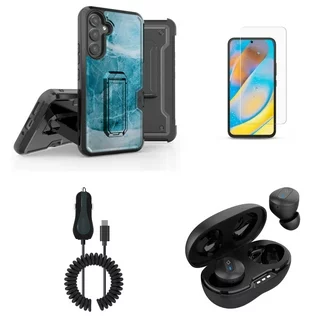 Accessories for Samsung Galaxy A54 5G - Belt Holster Kickstand Rugged Case (Aqua Blue Marble), Screen Protectors, Wireless Earbuds, 15W Type-C Car Charger with Extra USB Port (6 Foot)