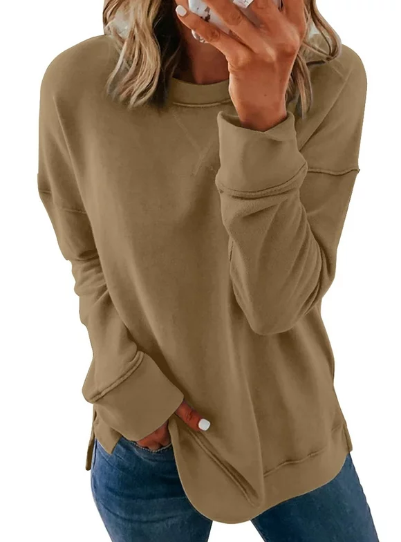 Dokotoo Womens Casual Crewneck Solid Color Sweatshirt Loose Soft Long Sleeve Pullover Tops Shirts Size Large US 12-14