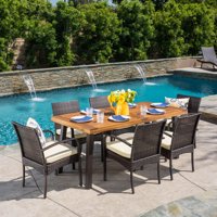 Palvina 7 Piece Outdoor Wicker and Wood Dining Set, Multibrown, Crme