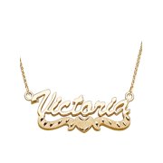 Personalized Women's 3D Double Stacked 14kt plated Script Nameplate with Diamond-Cut Heart Tail, 18"