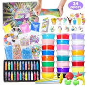 ESSENSON Slime Kit for Girls Boys - DIY Slime Supplies with 24 Colors Crystal Clear Slime, Glitter Powder, Unicorn Slime Charms, Air Dry Clay, Kids Art Craft Toys Gifts for Kids Age 6+ Yea