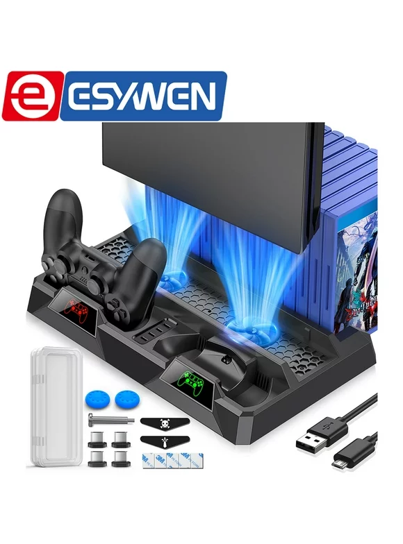 ESYWEN PS4 Stand Cooling Fan for PS4 Slim/ PS4 Pro/ PlayStation 4 Controller, PS4 Stand Vertical Stand Cooler for PlayStation 4 with Dual PS4 Controller Charge Station & 16 Game Storage