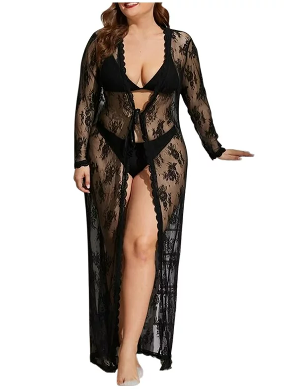 Hugossia Plus Size Women Sexy Lingerie Robe See Through Lace Nightdress Sleepwear Gown
