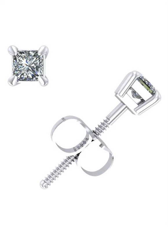 0.25Ct Princess Cut Diamond Basket Stud Earrings 14k White Gold Prong Set K I2