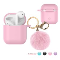 Airpods 2 Case Silicone, Airpods 2nd Case Fur Ball, Njjex Cute AirPods Silicon Case with Airpods 2 Accessories Gold Keychain/Skin/Pompom (Front LED Invisible) -Pink