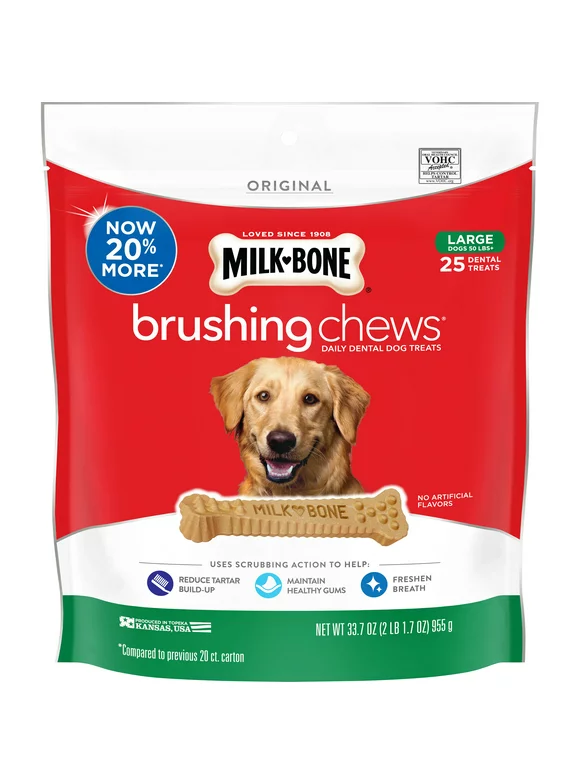 Milk-Bone Brushing Chews Daily Dental Dog Treats, Large, 33.7 oz., 25 Bones Per Bag