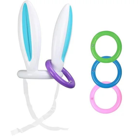 1Pcs Easter Toss Game with 4pcs Colorful Rings Easter Inflatable Bunny Headband Rabbit Hat Ears Indoor Outdoor Party Games Large Rabbit Toss Game Birthday Party for Kids Party Decoration
