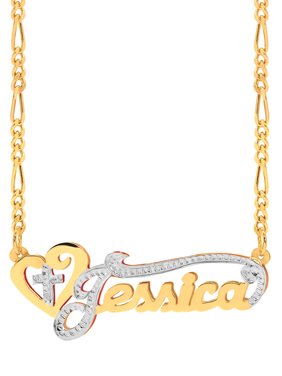 Personalized Sterling Silver, Gold Plated, 10k or 14k Religious Nameplate Necklace with Heart and Cross with an 18 inch Silver Plated Figaro Chain