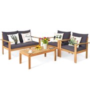 Giantex 4 PCS Outdoor Acacia Wood Conversation Sofa Table Furniture Set W/ Grey Cushions