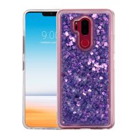 Flowing Liquid Glitter Quicksand Hybrid Phone Protector Cover Case with Atom Cloth for LG G7 ThinQ - Purple Hearts