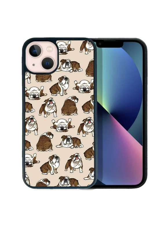 FINCIBO Soft Rubber Cover Case for Apple iPhone 13 6.1" 2021 (NOT FIT iPhone 13 mini 5.4"/iPhone 13 Pro 6.1"/iPhone 13 Pro Max 6.7" 2021), Brindle Brown English Bulldog Funny Playful Postures
