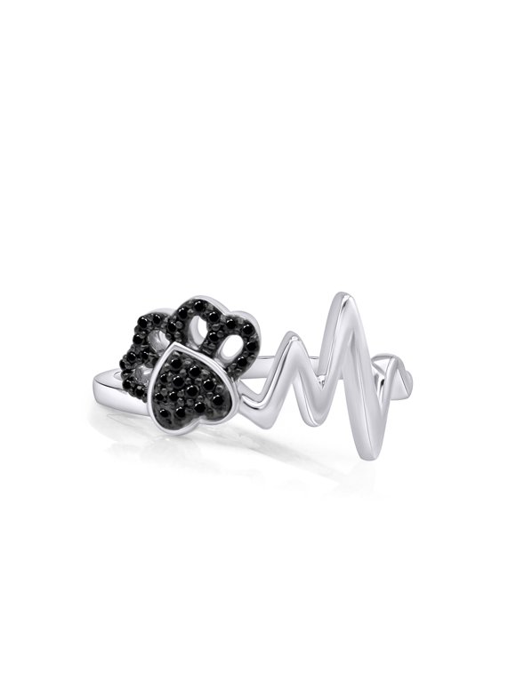 Round Shape Black Diamond Paw & Heartbeat Promise Ring 14K White Gold Over Sterling Silver (0.1 Cttw) By Jewel Zone US