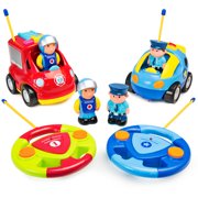 Best Choice Products Set of 2 Kids Cartoon RC Remote Control Firetruck and Police Car Toy w/ 2 Remotes, 2 Action Figures