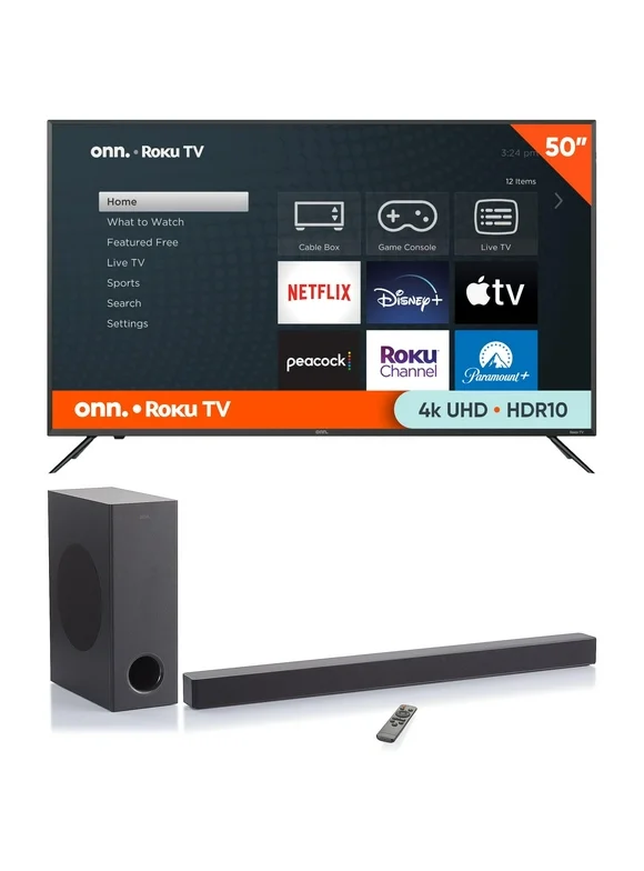 Onn. 50" 4K Roku TV with onn. 3.1 Atmos Soundbar with Wireless Subwoofer, 37"