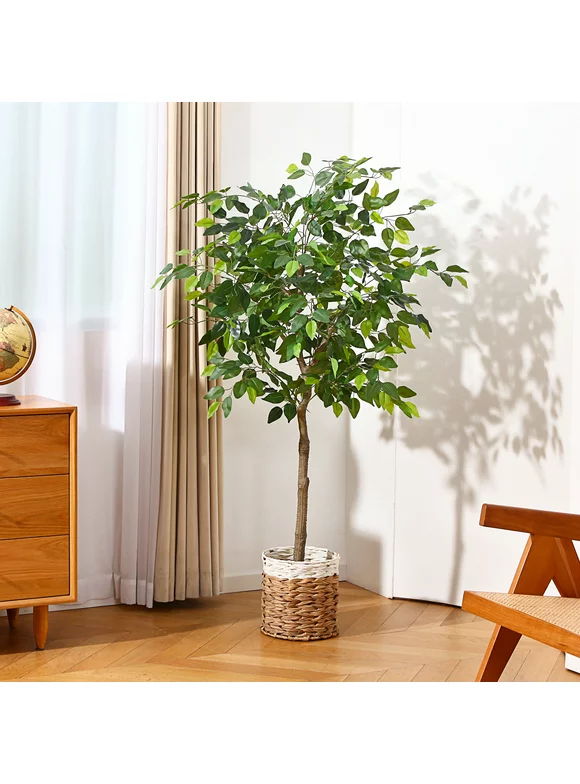 Artificial Ficus Silk Plants, 5FT Faux Plastic Ficus Tree in Pot with Durable Plastic Trunk, Fake Plant for Home Decor Office House Living Room Indoor Outdoor