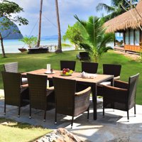 Gymax 9PCS Rattan Patio Dining Set w/ 8 Stackable Cushioned Chairs Wooden Tabletop