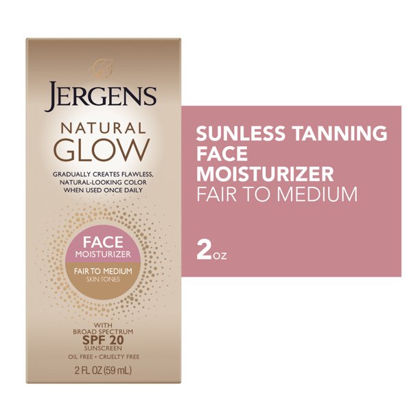 Jergens Natural Glow Sunless Tanning Face Moisturizer Lotion for Fair to Medium Skin Tones, SPF 20, 2 fl oz