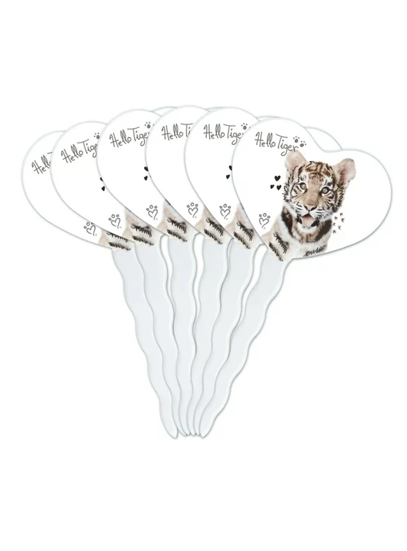 Hello Tiger Cub Jungle Kitten Cat Heart Love Cupcake Picks Toppers Decoration Set of 6