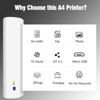 Aibecy A4 Portable Thermal Printer 210mm Mini Mobile Photo Printer 203dpi BT USB Connection with 1 Roll Thermal Paper