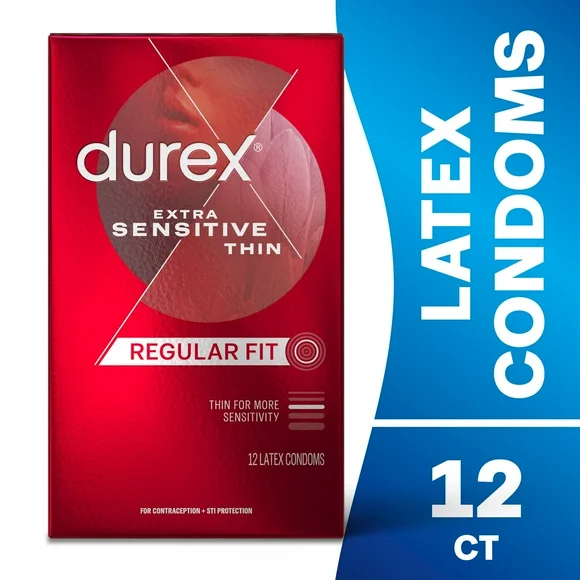 Durex Extra Sensitive Condoms, Ultra Thin, Lubricated Natural Rubber Latex Condoms for Men, FSA & HSA Eligible, 12 Count