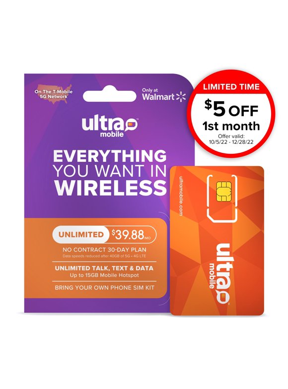 Ultra Mobile $39.88 Unlimited (40GB) and 15GB Hotspot 30 Day Prepaid Wireless Plan SIM Kit