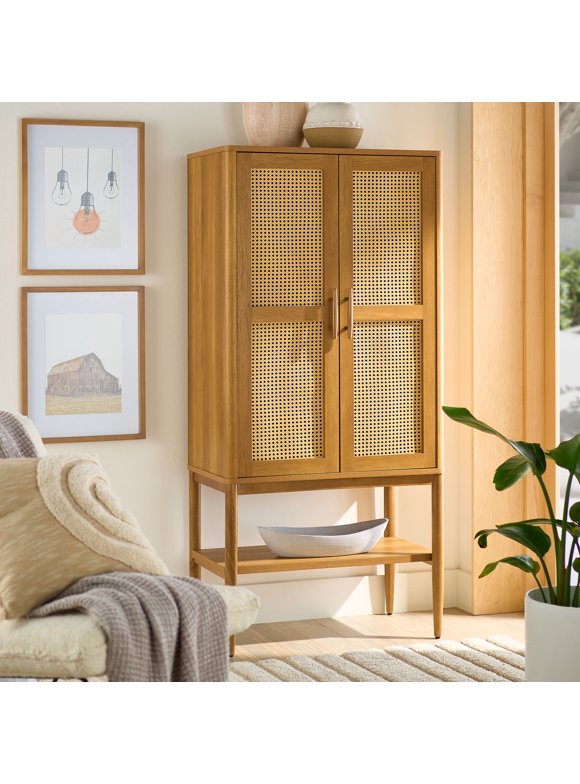 Better Homes & Gardens Springwood Caning Storage Cabinet, Light Honey Finish