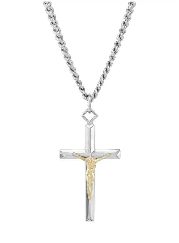 Brilliance Fine Jewelry Sterling Silver and 18KT Gold Plated Crucifix Cross on 24" Stainless Steel Chain Necklace