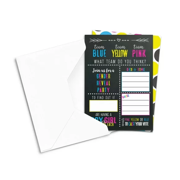 Twins Gender Reveal Invitations with Envelopes (25 Pack) Team Yellow, Pink or Blue Invitation for Baby Shower Revealing Themed Supplies Girl, Boy or Both - Blank Invite Card Set - Paper Clever Party