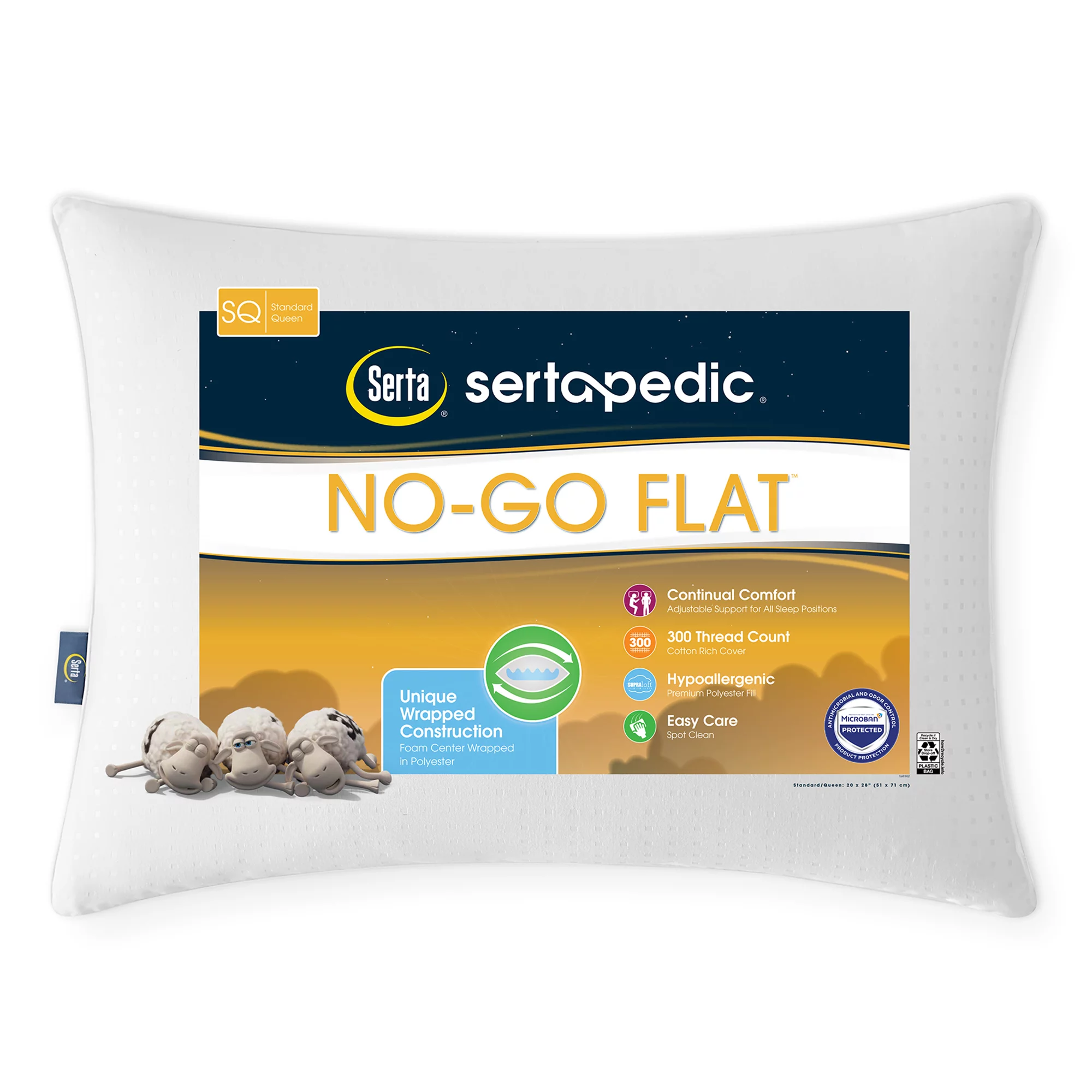 Sertapedic No-Go Flat Bed Pillow, Standard/Queen