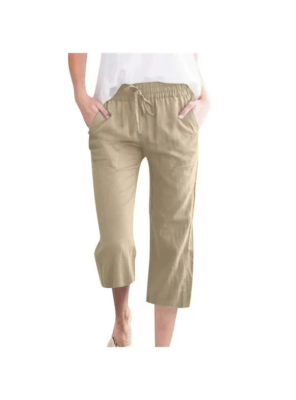 Airpow Clearance Cropped Pants Fashion Womens Casual Solid Color Elastic Loose Pants Straight Wide Leg Trousers With Pocket Khaki XL