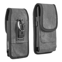 Luxmo Moto E (2020) Belt Clip Holster - Vertical Rugged Nylon Carrying Pouch Phone Case (2 Card Slots/Pen Holder) and Atom Wipe - Dark Gray