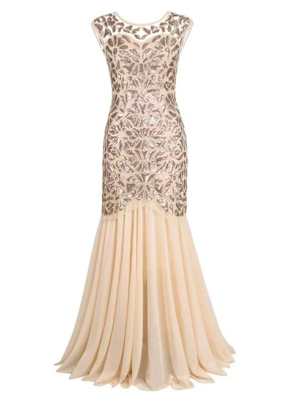 PrettyGuide Women's 1920s Vintage Sequin Dress Gatsby Flapper Formal Summer O Neck Glitter Long Mesh Evening Prom Dress Champagne