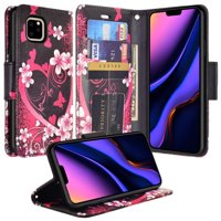 For iPhone 11 Case - Wydan Leather Wallet Case Credit Card Clasp Protective Kickstand Phone Cover - Hot Pink Heart Flower