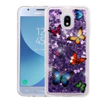 Liquid Glitter Flowing Quicksand Protective Cover Case with Atom Cloth for Samsung Galaxy J3 Achieve - Dancing Butterfly/Purple Hearts