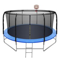 Trampoline With Balance Bar, 14x14x8.2ft 800lbs Load Safety Enclosure Net Basketball Hoop 2-Step Ladder Outdoor Backyard Kids Recreational Trampolines For Toddlers, Black Blue
