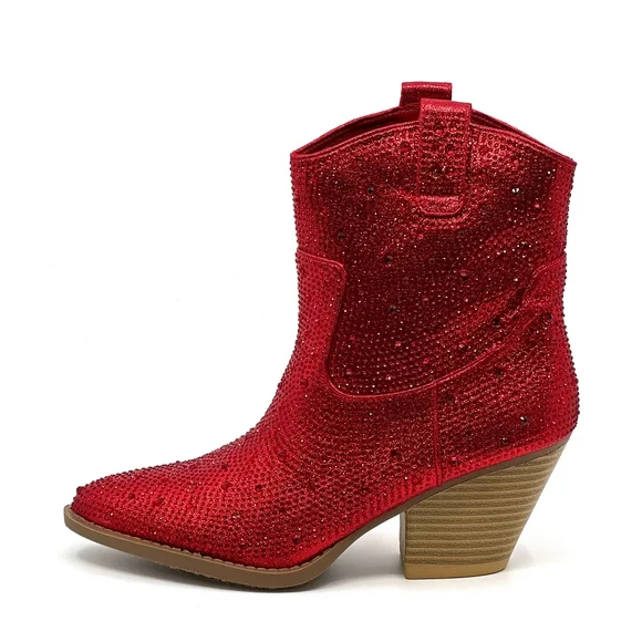 Forever Women Cowgirl Cowboy Western Ankle Boots Pointy Toe Rhinestone Bling Short Booties RIVER-01 Red 7.5