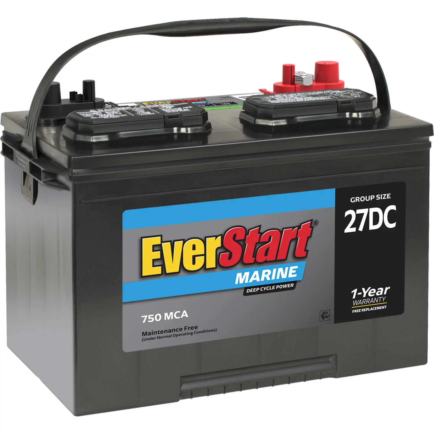 EverStart Lead Acid Marine & RV Deep Cycle Battery, Group Size 27DC 12 Volt, 750 MCA