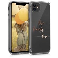 kwmobile TPU Case Compatible with Apple iPhone 11 - Soft Crystal Clear IMD Design Back Phone Cover - Live, Laugh, Love Rose Gold/Transparent