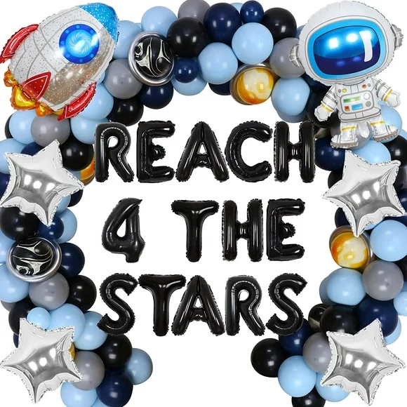 Space Theme Birthday Party Decoration,4th Outer Space Birthday Party Reach 4 the Stars 69pcs Navy Blue Silver Balloons Outer Space Solar System Galaxy Planet Rocket Astronaut for 4 Years Old Boys Girl