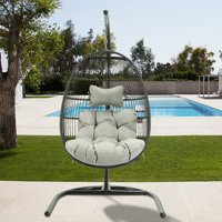 Hanging Egg Swing Chair Outdoor/ Indoor Wicker Hanging Basket Swing Chair Single Seat Basket Seat Hanging Egg Chair with Cushion and Stand for Home Porch Patio Garden