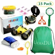 Ucradle 15Pcs Outdoor Explorer Kit Adventure Explorer Set for Kids children with Compass Binocular Flashlight Whistle Magnifying Glass, Adventure Exploration Gift Fun Toys for 3-12 Boys and Girls