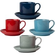 4oz. Espresso Cups Set of 4 with Matching Saucers - Premium Porcelain, 8 Piece Gift Box Demitasse Set - Red, Blue & Grey  Italian Caff Mugs, Turkish Coffee Cup  Lungo Shots, Dopio Double Shot