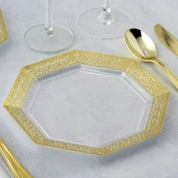 BalsaCircle 12 pcs 8-Inch Clear with Gold Lace Rim Plastic Octagonal Plates - Disposable Wedding Party Catering Tableware