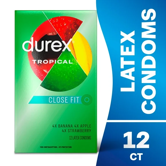Durex Tropical Condoms, Natural Rubber Latex Condoms for Men, FSA & HSA Eligible, Exciting Flavors, 12 Count