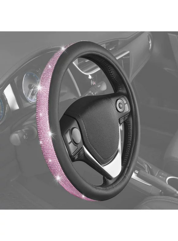 BDK Bling Bling Diamond Leather Steering Wheel Cover with 9 Rows Crystal Rhinestones, Universal Fit 14.5-15.5 Inch for Women / Girls (Pink)