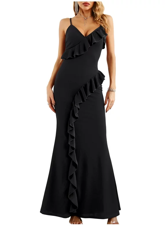 SouqFone Women's Formal Dresses V Neck Slip Wedding Guest Dress-L,Black