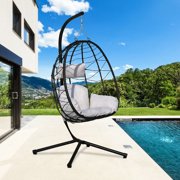 UHOMEPRO Resin Wicker Hanging Egg Chair with Cushion and Stand, UV Resistant Outdoor Patio Hanging Egg Chair with Steel Frame, Heavy Duty Swing Chair Backyard Relax with Headrest Pillow, Q17105